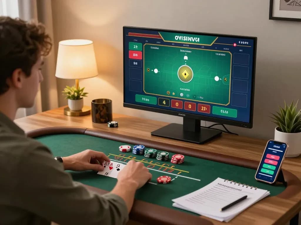 F8BET player analyzing strategy while engaged in live blackjack at home.