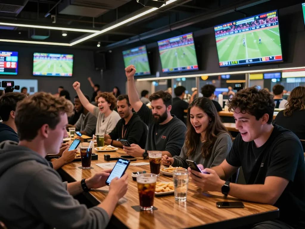 Bsport users enjoying live sports betting action with mobile devices in a lively atmosphere.