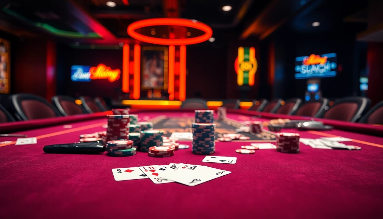 Situs toto menampilkan meja poker yang menarik dengan chip berwarna cerah dan kartu, menghadirkan suasana kasino yang hidup.