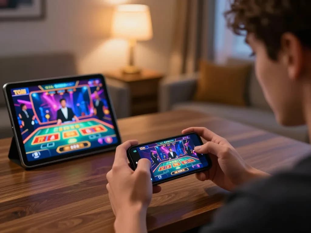 Player engages with TG88 mobile casino app in a stylish home setting, focusing on strategy and gameplay