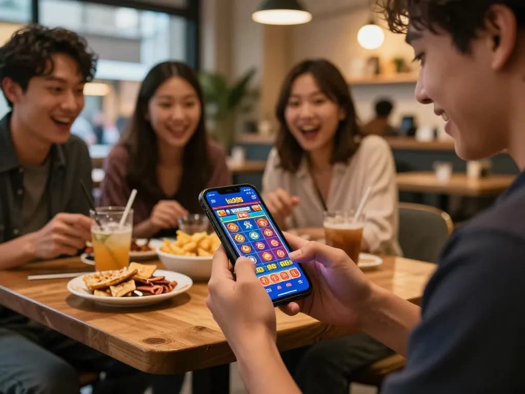 Player enjoying the app lc88 while engaging with friends in a lively café.