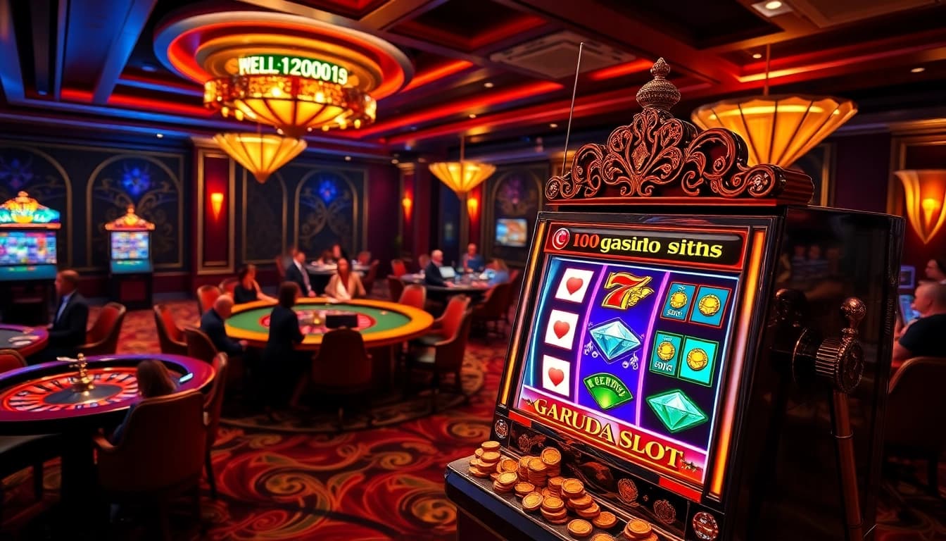Experience the thrill of the garuda slot with a luxurious casino scene featuring vibrant slot machines and excited players.