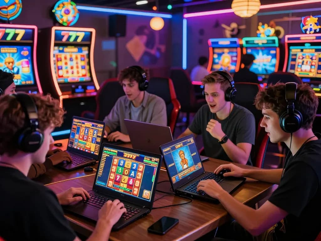 Pemain yang bersemangat menikmati permainan slot777 di lingkungan kasino online yang hidup dengan grafis yang berwarna-warni.