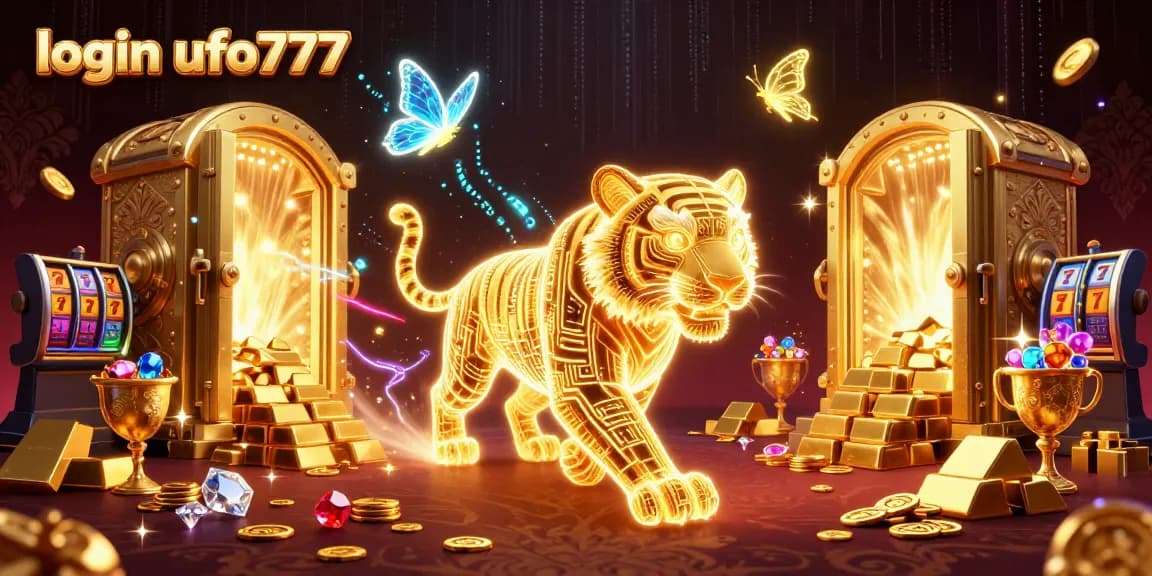 Engage with login ufo777, featuring a golden tiger in a vibrant digital casino filled with treasures.