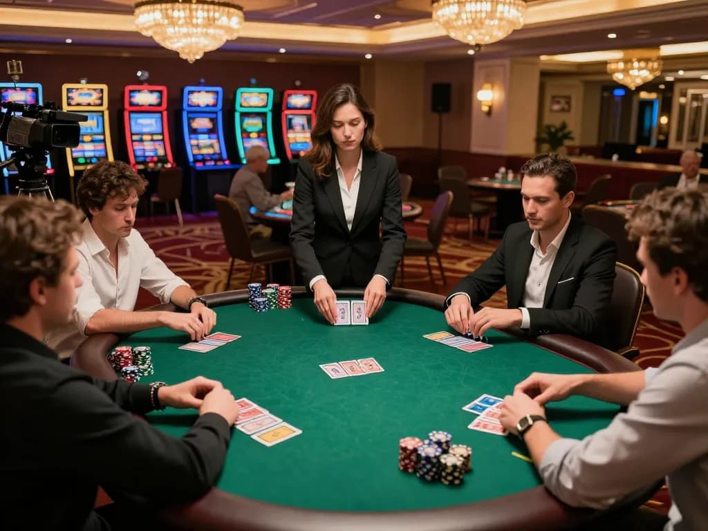 Players engaged in high-stakes poker game at TR88 đăng nhâp casino, showcasing chips and cards in an upscale setting.