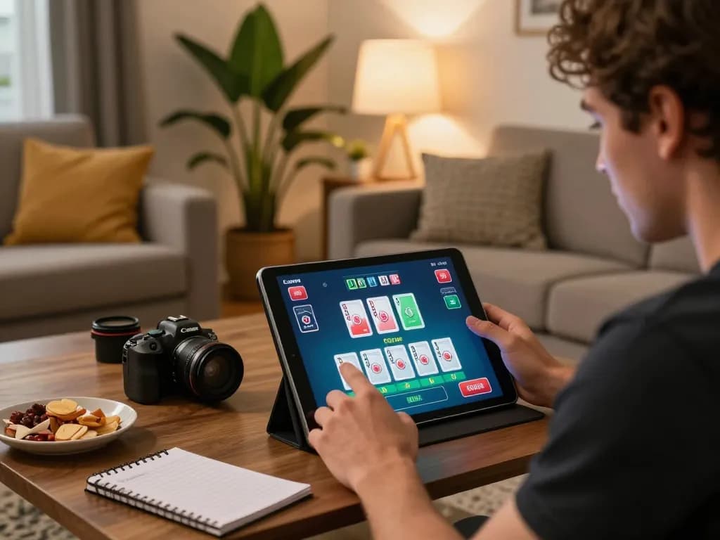 Player engaging with 388bet live dealer game on tablet, showcasing strategic gameplay in inviting home setting