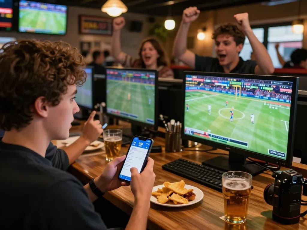 Engaging scene of a sports bettor using the xx88 app while cheering for live matches at a bar.
