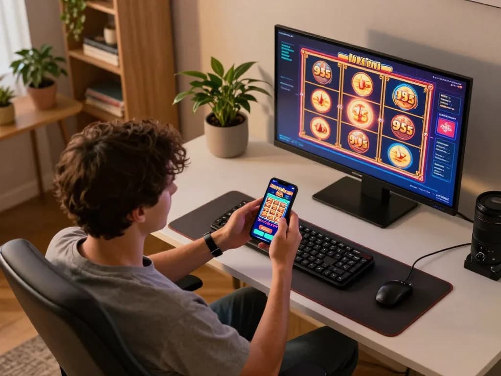 Engaging with slot 95 game on a smartphone in a cozy home setup.
