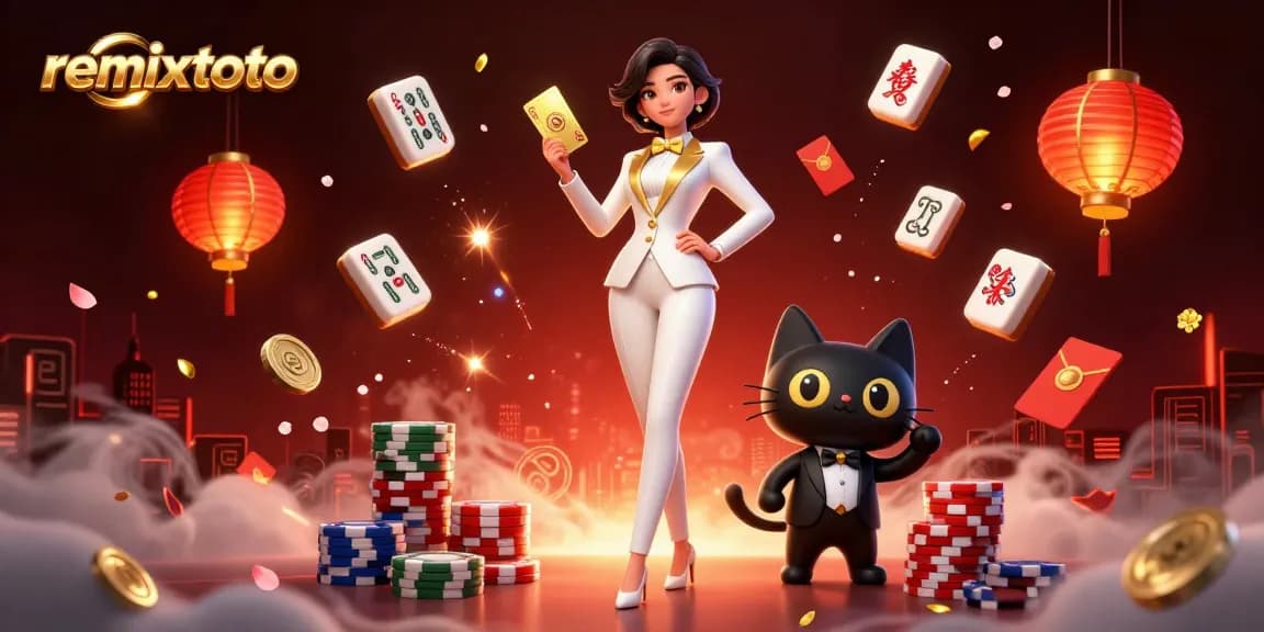 Experience remixtoto's exhilarating gaming world with a glamorous dealer managing golden cards and playful casino elements.