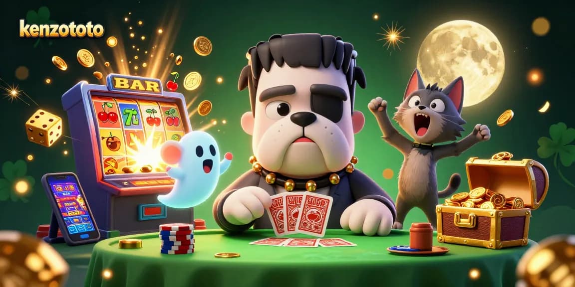 Kenzototo showcases winning moments at a vibrant online casino with golden symbols and engaging characters.