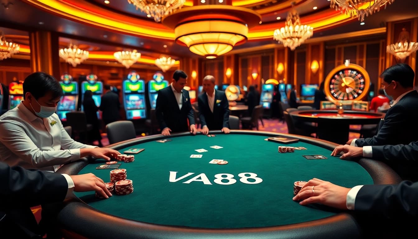 VA88 gaming excitement at a luxurious casino poker table, surrounded by focused players.