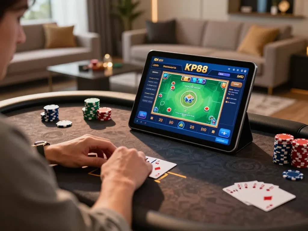 The KP88 apk interface shows an intense online poker game while a user contemplates strategies.