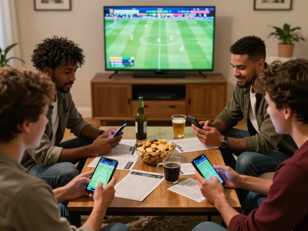 Engaged friends discussing 7meter Link Alternatif sports bets while watching a live game at home.