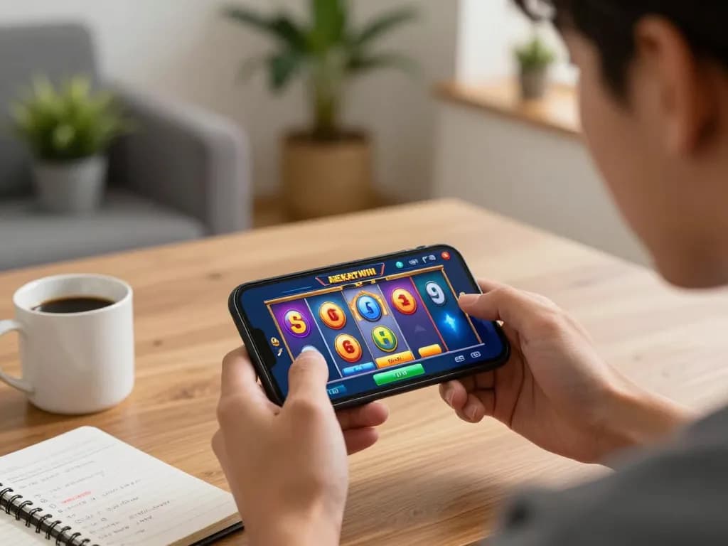 Engaging gameplay of slot nekatwin displayed on a smartphone, highlighting a player's excitement in a cozy home setting.