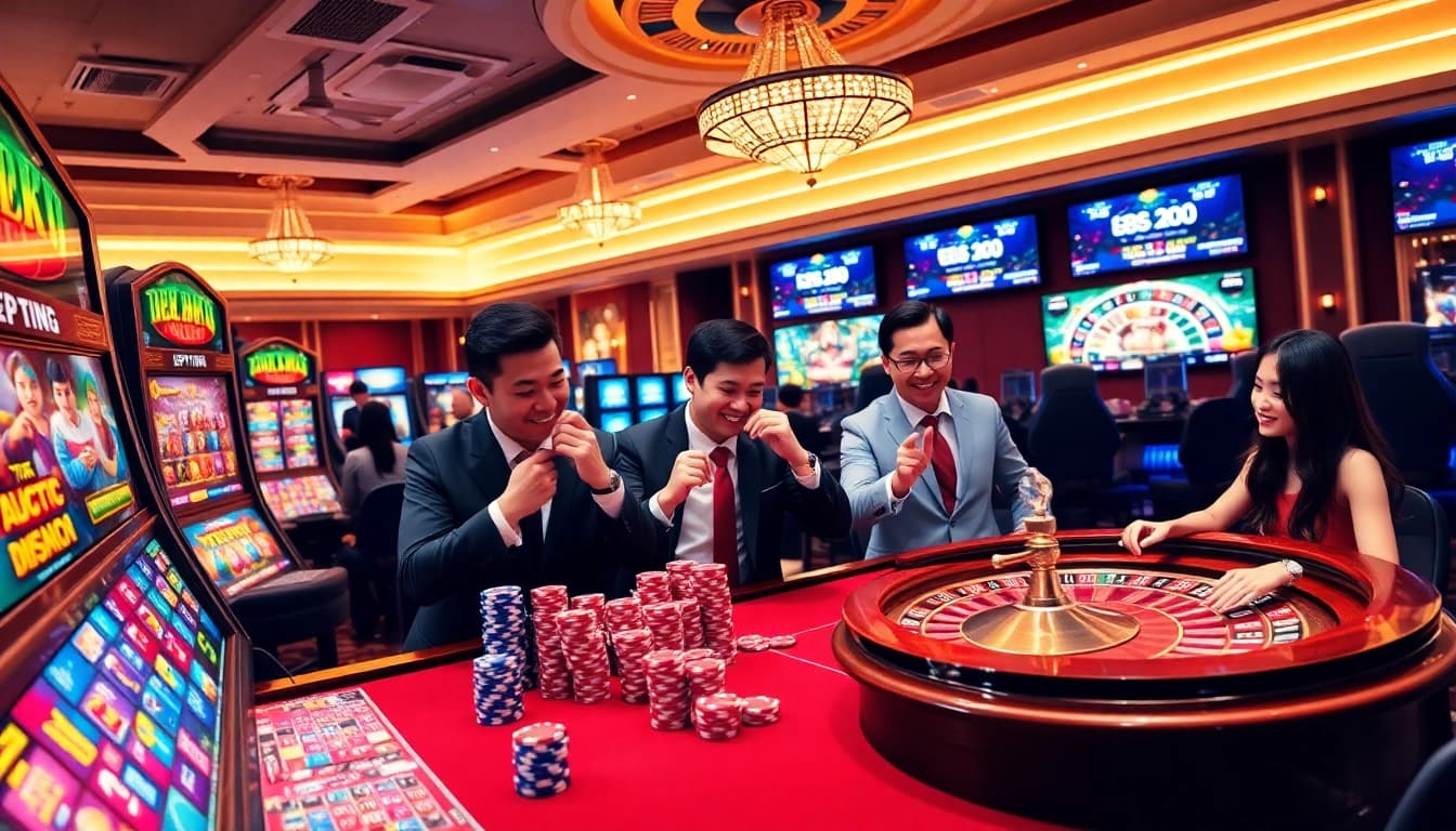 Players enjoying a thrilling gaming experience on LEGO138 daftar slots in a vibrant casino.