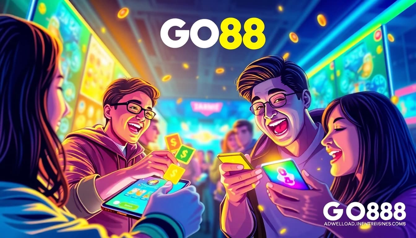 Tải GO88 with dynamic gaming interface showcasing excited players interacting with mobile devices.