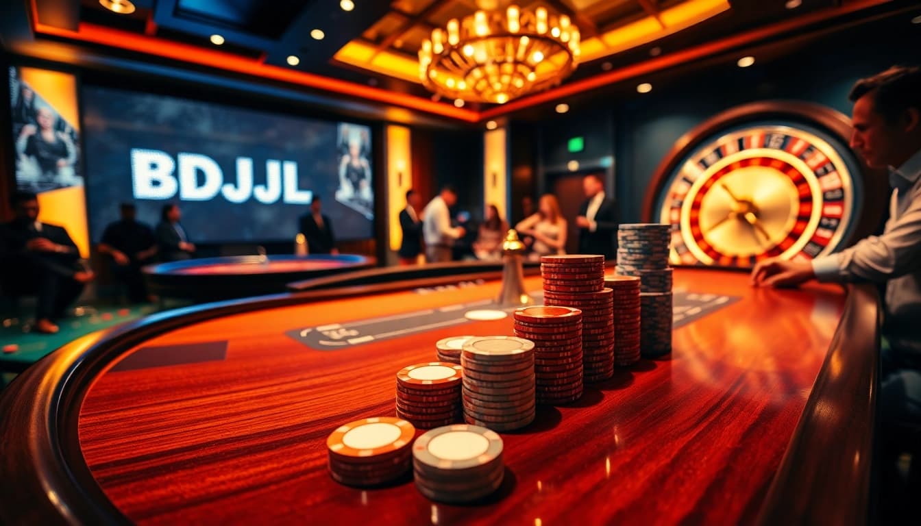 Engaged players at a BDJL casino poker table surrounded by vibrant gaming elements.