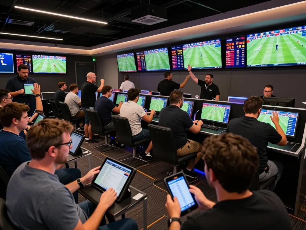 Sports betting excitement at kèo nhà cái venue, bettors engaging with live odds on screens.