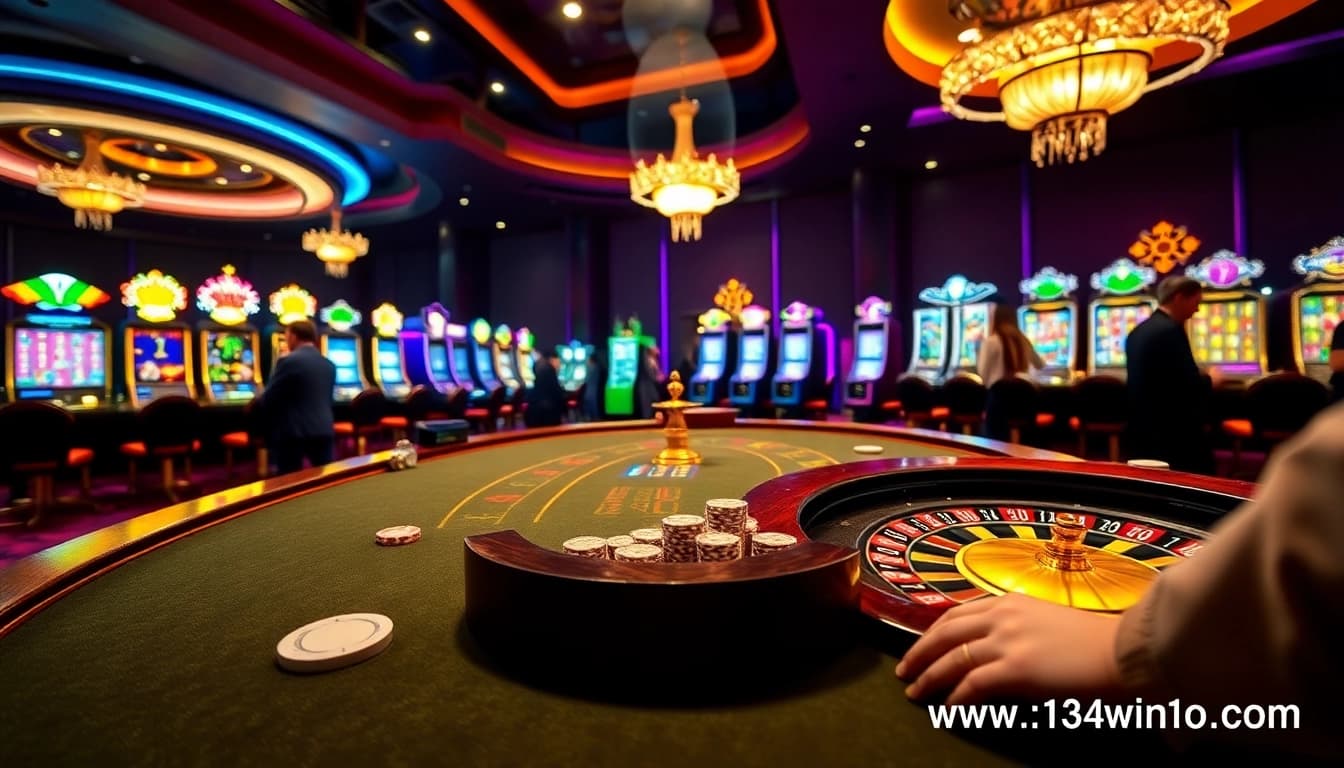 Experience the thrill of winning at https://13win00.com/ with an elegant casino scene filled with vibrant action.