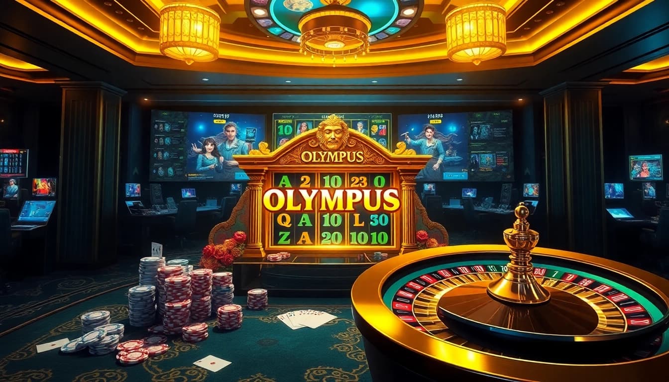 Excited players engage with the Olympus slot game at a luxurious casino, surrounded by vibrant gaming elements.