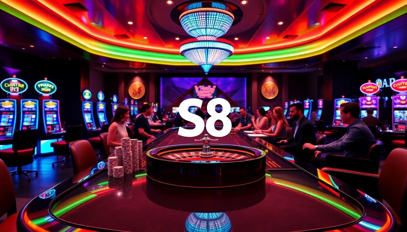 Experience S8 excitement at a luxurious casino table with diverse players and vibrant slot machines.