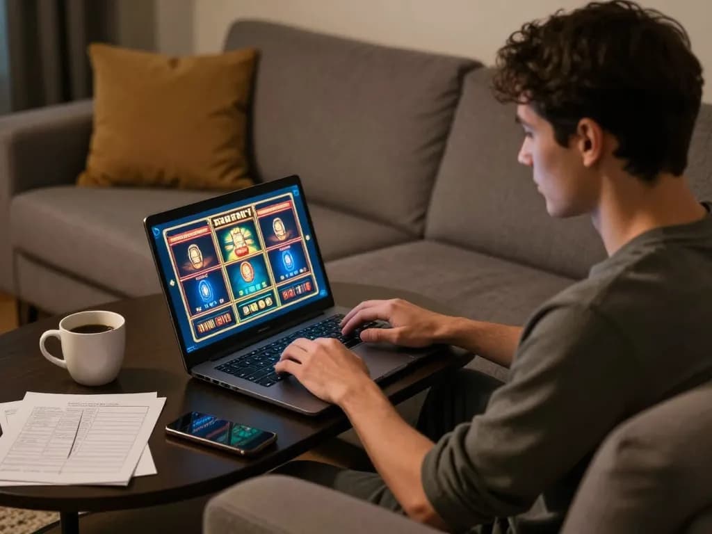 Play slots on sunwin from the comfort of home, showcasing a cozy late-night gaming setup