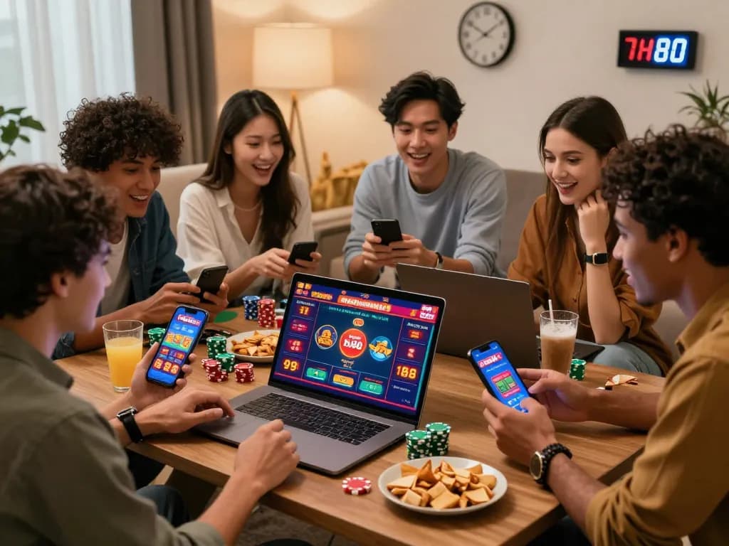 Friends engaging on trang hm88 platform, showcasing online gambling excitement in a cozy setting.