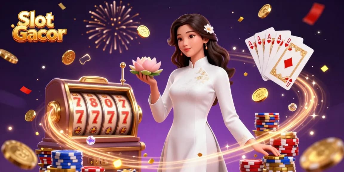 Rasakan Slot Gacor dengan koin yang mengalir dan seorang wanita beruntung merayakan kemenangan di scene kasino yang cerah ini.