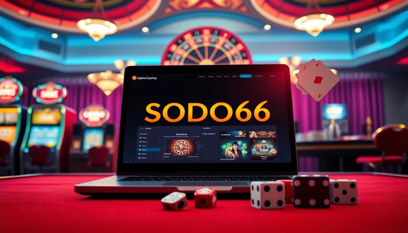 Engage with thrilling SODO66 online gaming on a sleek laptop, vibrant casino atmosphere.