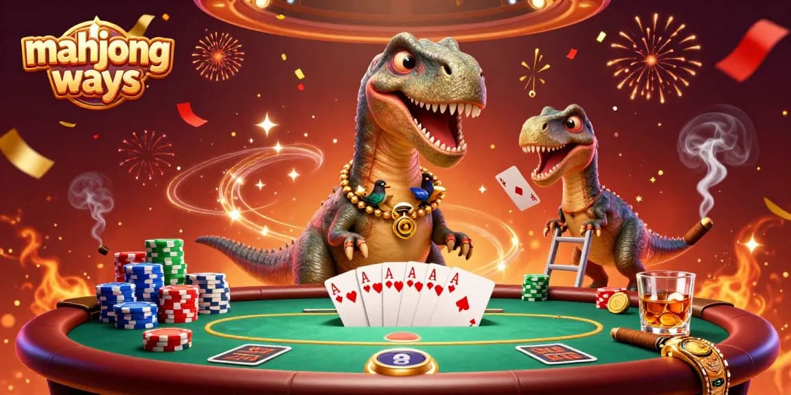 Experience thrilling action in mahjong ways with a colorful casino scene featuring a giant dinosaur.