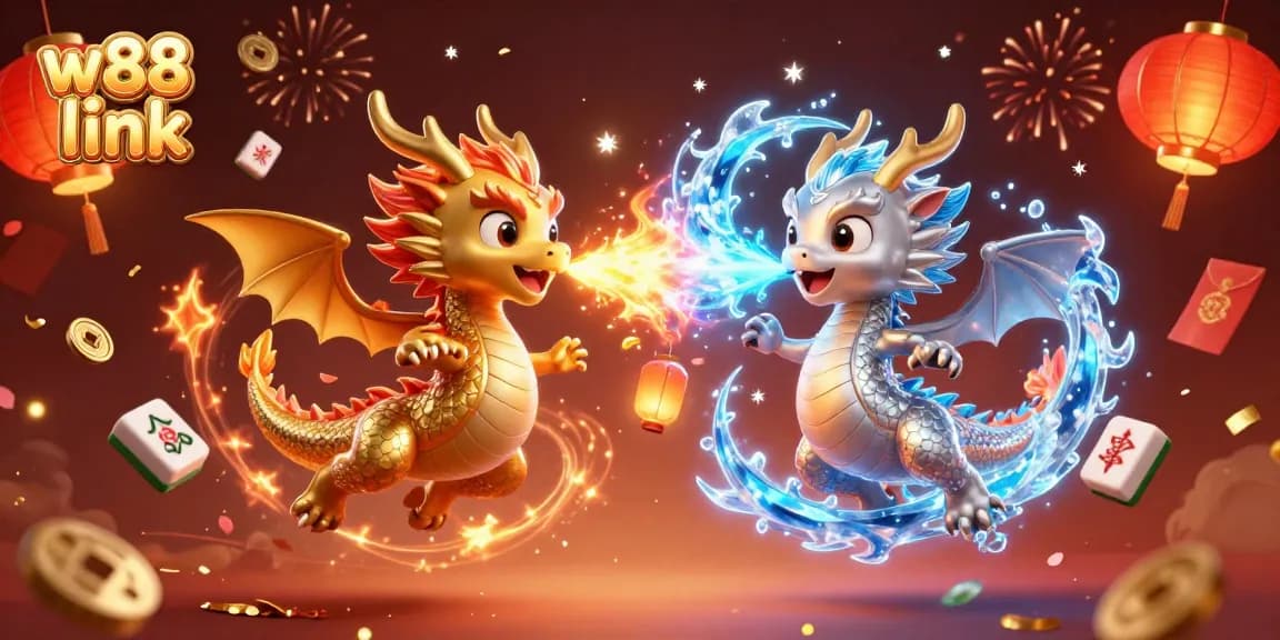 Win big with the w88 link, showcasing dynamic dragons amidst casino elements.