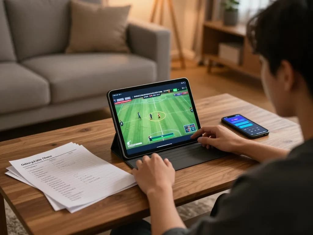 Người đam mê Cá đó đá gà thomo đang thưởng thức một phiên phát trực tiếp trên máy tính bảng trong một không gian chơi game ấm cúng tại nhà.