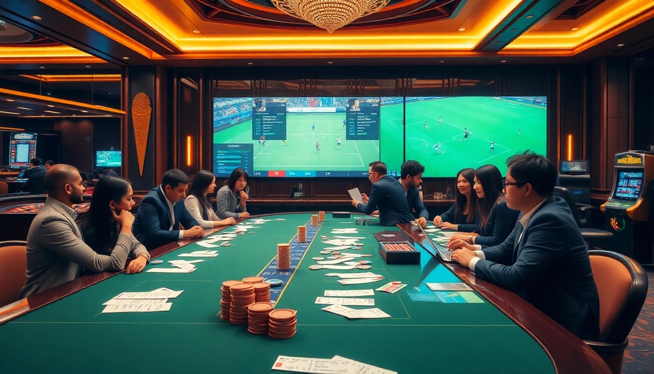 Situs Judi Bola betting scene showcasing engaged players at a luxurious sportsbook.