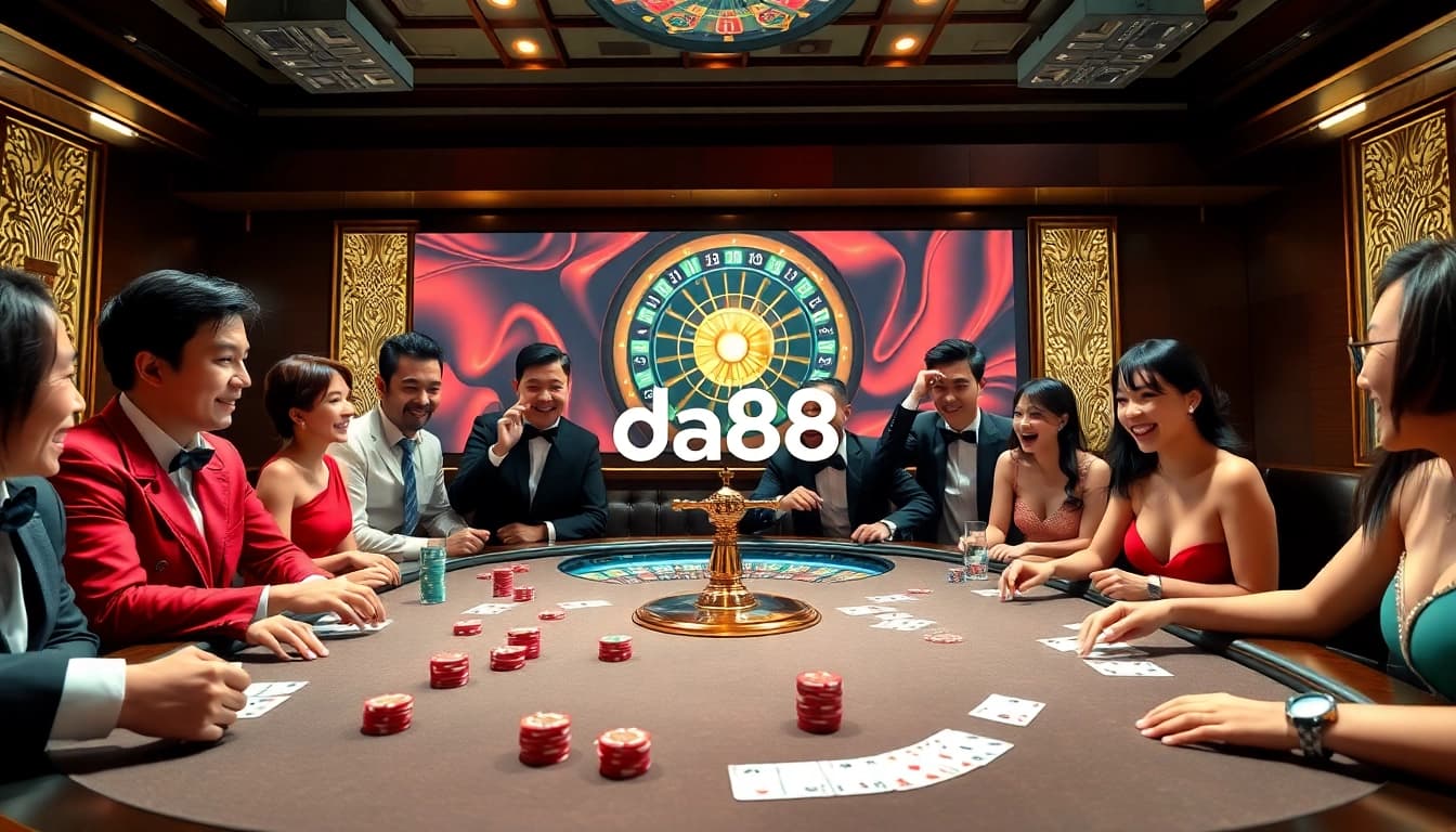 Experience the excitement of da88 at a luxurious casino table with poker chips and cards.