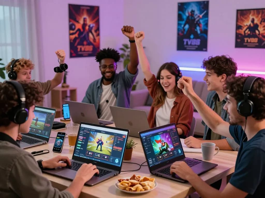 Exciting players engaging with the trang tv88 online gaming platform in a vibrant home setting.
