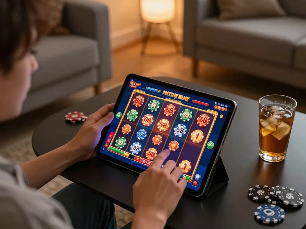 Engaging scene of a user interacting with open 88 slot game on tablet, illustrating responsible gaming at home.