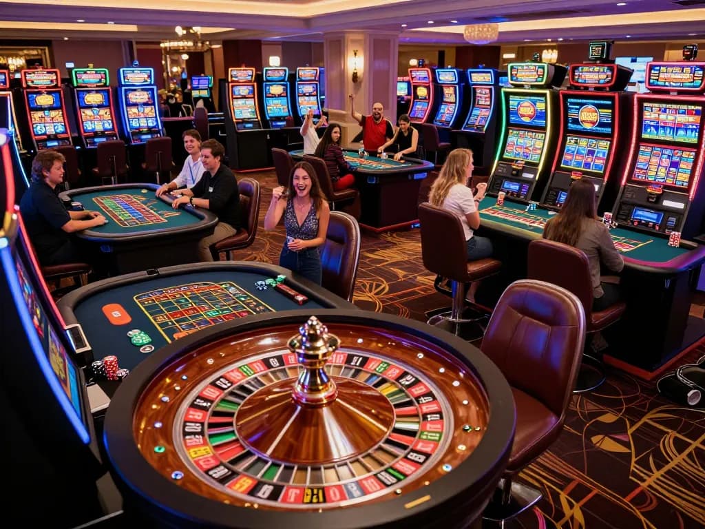 Players enjoying roulette at https://rr888.shopping/ casino, vibrant atmosphere with bright lights and engaging action.