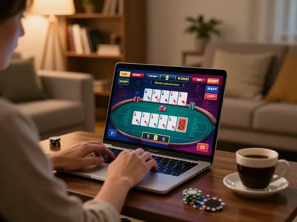 Engaging in casino tr88 live poker online with a cozy home setup, showcasing strategic gameplay.