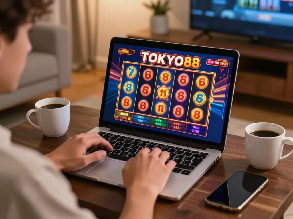 Pemain yang terlibat menikmati permainan slot TOKYO88 di laptop, menampilkan lingkungan kasino online yang hidup