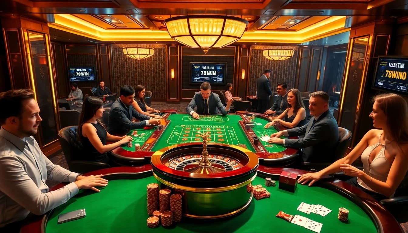 Exciting gambling scene with players at 78WIN casino table focused on winning strategies.