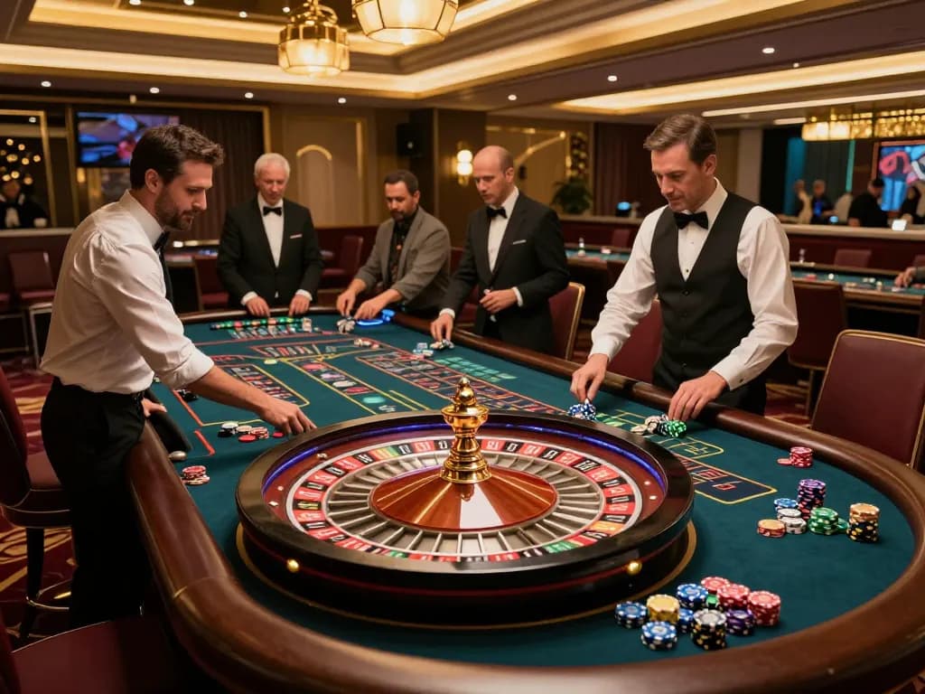 Players enthusiastically placing bets at the GO88 roulette table in a luxurious casino setting.