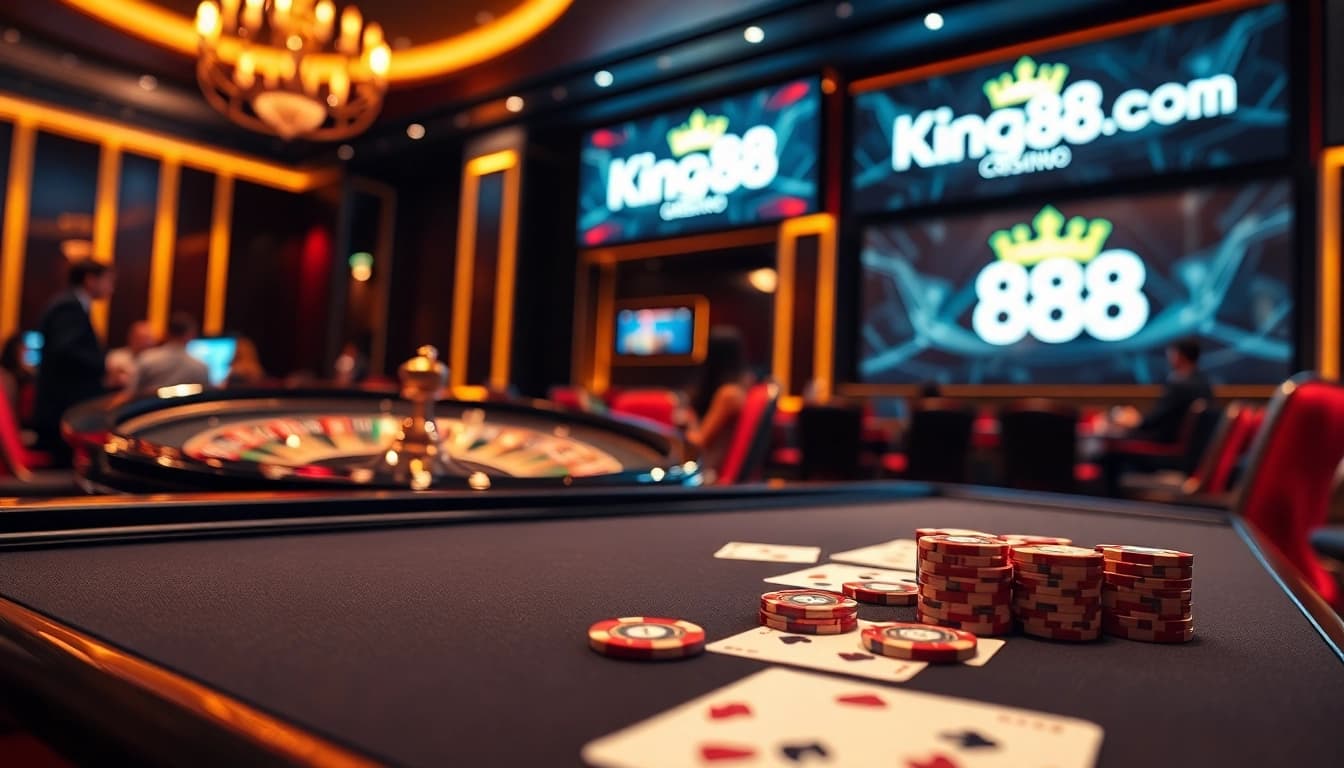 Exciting poker game at a King88 com casino table, showcasing vibrant chips and cards.