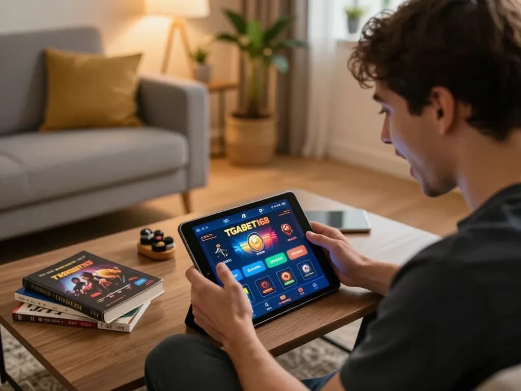 Player immersed in TGABET168 online casino gaming on tablet in a cozy living room setting.