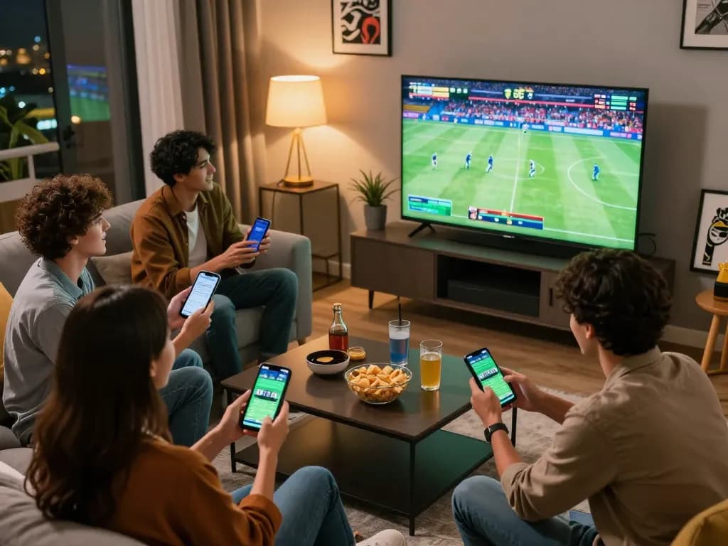 Friends engaged in sports betting at home, placing bets on sin88 win while watching a live match