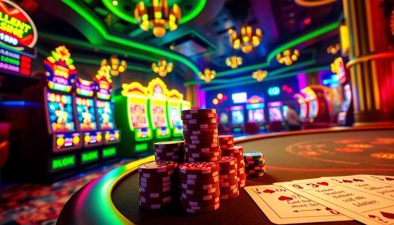 Engage with the thrilling world of LEGO138 daftar through this vibrant online casino scene filled with slot machines, cards, and poker chips.