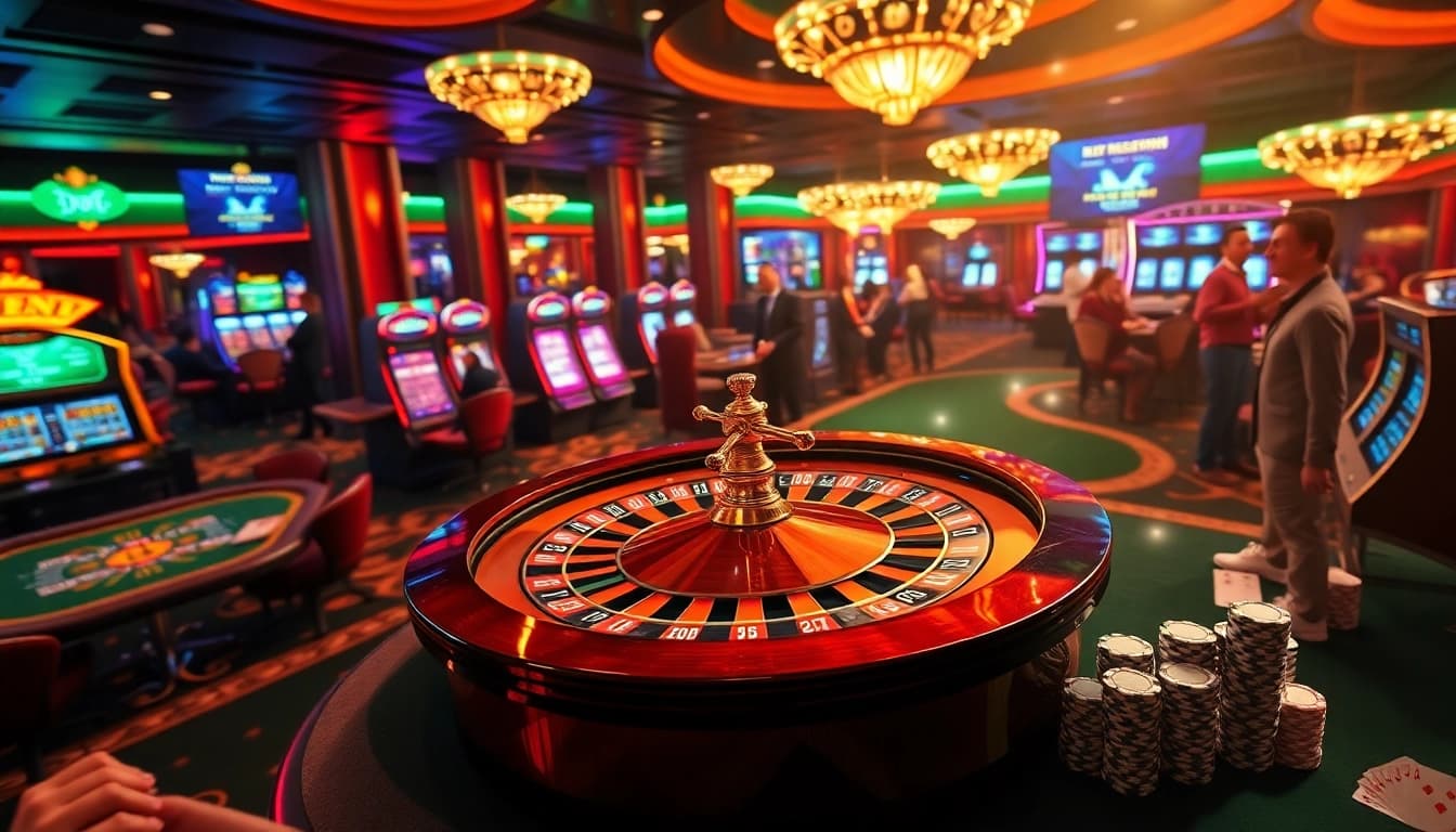 An immersive gambling scene showcasing excitement at i9bet com with players at a roulette wheel and poker tables.