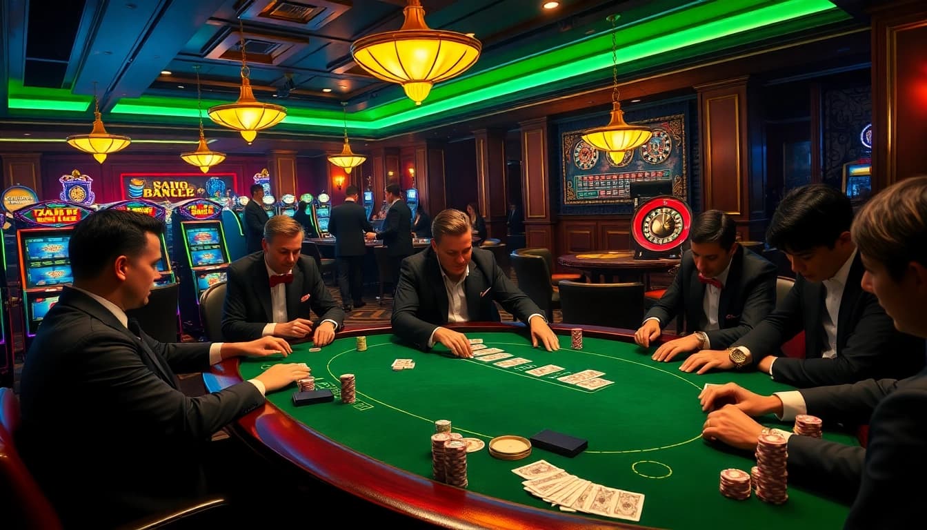 SODO CASINO poker players strategizing at a high-stakes table, surrounded by vibrant casino elements.