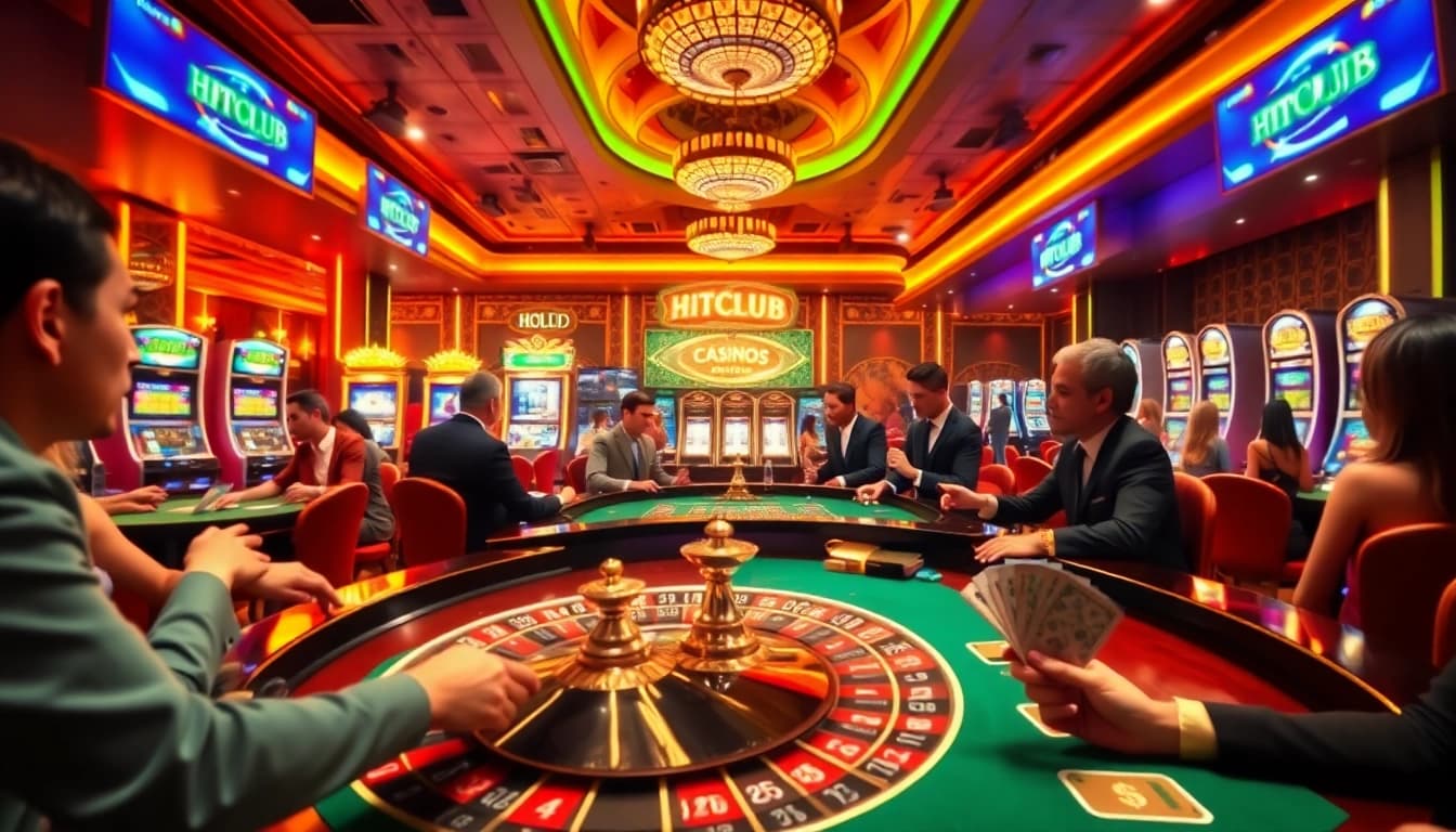Experience excitement at HITCLUB casino with players at roulette and vibrant slot machines.