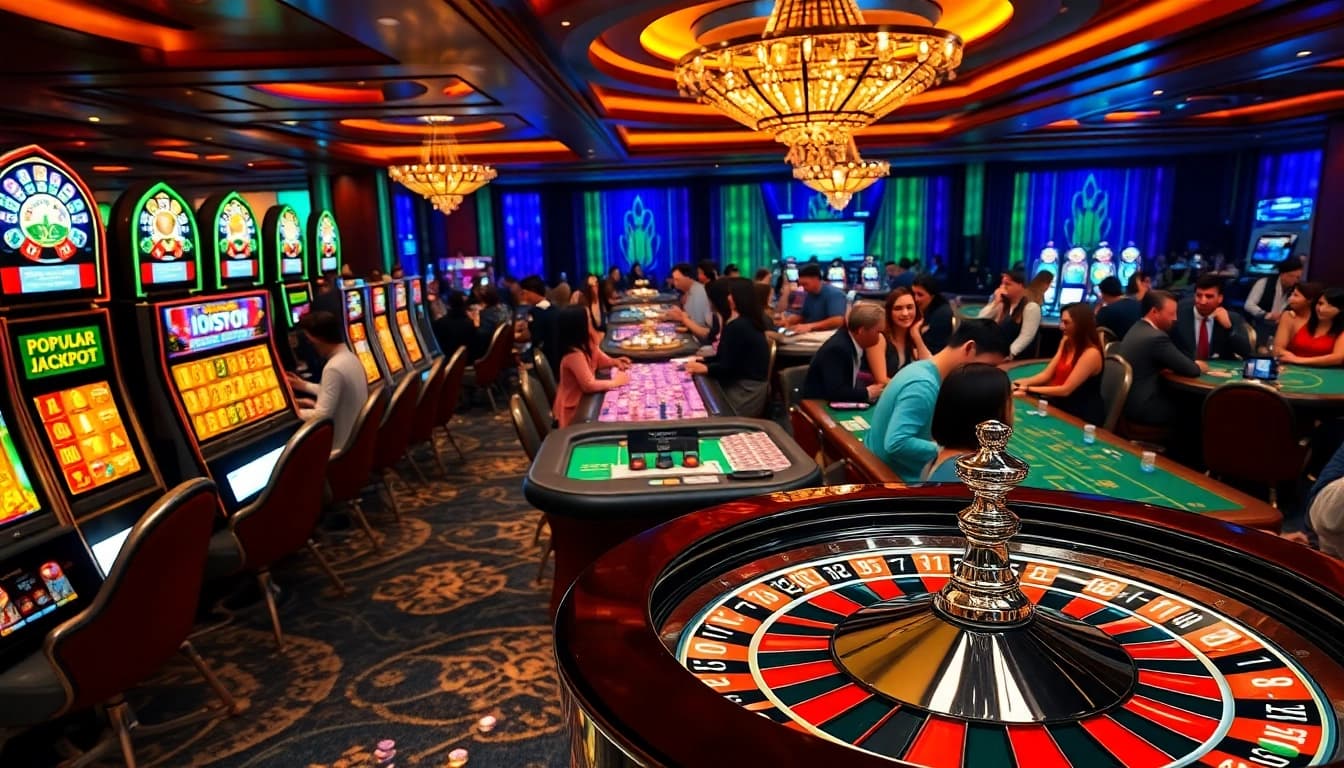 Experience a thrilling gaming environment at idnslot, showcasing vibrant slot machines and elegant poker tables.