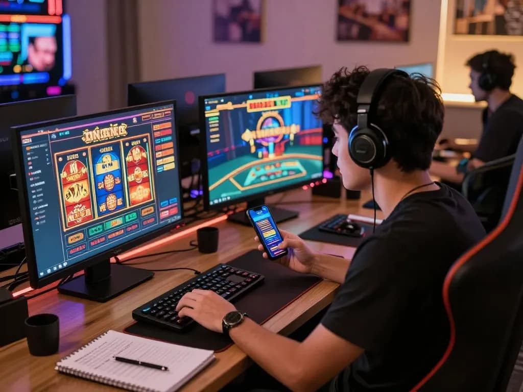 Engaging scene of a player enjoying online usa casinos with multiple screens and gaming notes.